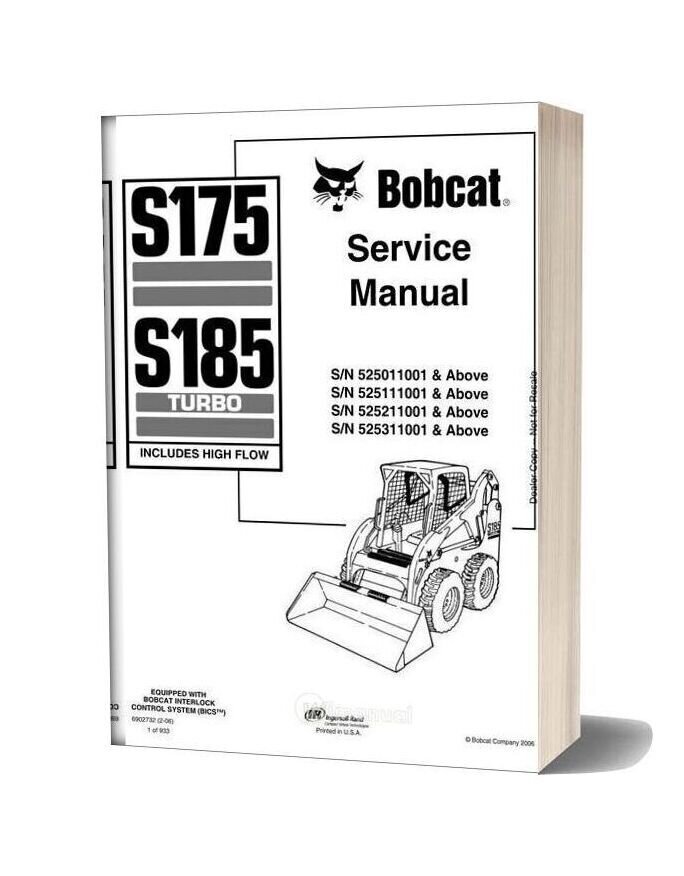 Bobcat S175 S185 Skid Steer Loader Service Manual 6902732