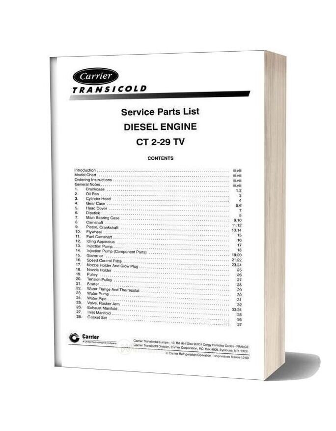 Carrier Ct2 29tv Diesel Engine Service Parts List