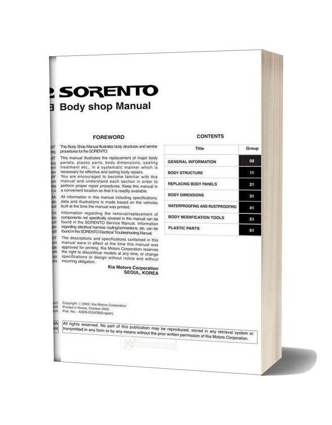 Kia 16 Kia Sorento Body Shop Manual 2002 2008