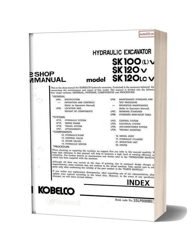 Kobelco Sk100l V Sk120 V Sk120lc V Shop Manual S5lp0008e Gb