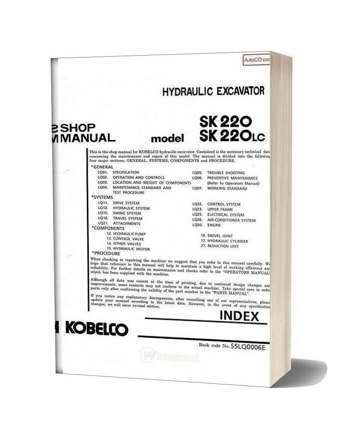 Kobelco Sk220 Sk220lc Hydraulic Excavator Book Code No S5lq0006e