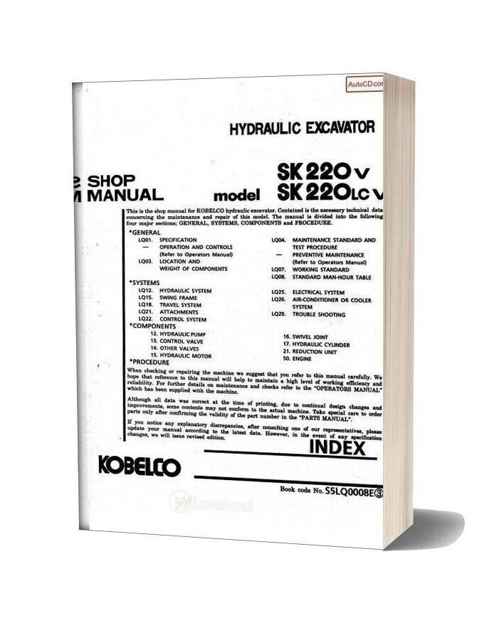 Kobelco Sk220 V Sk220lc V Shop Manual S5lq0008e Gb