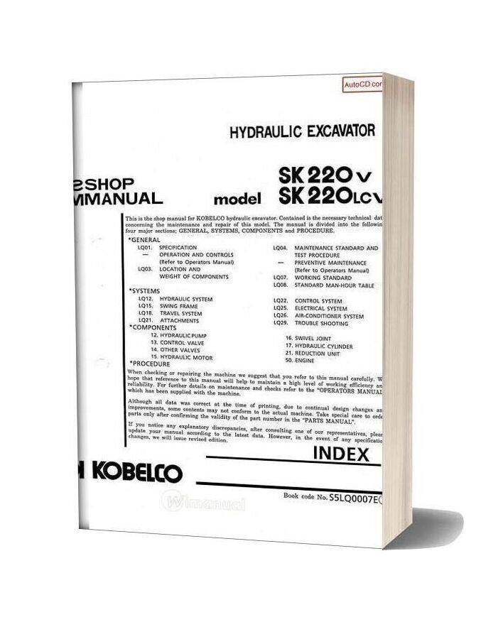 Kobelco Sk220v Sk220lcv Hydraulic Excavator Book Code No S5lq0007e