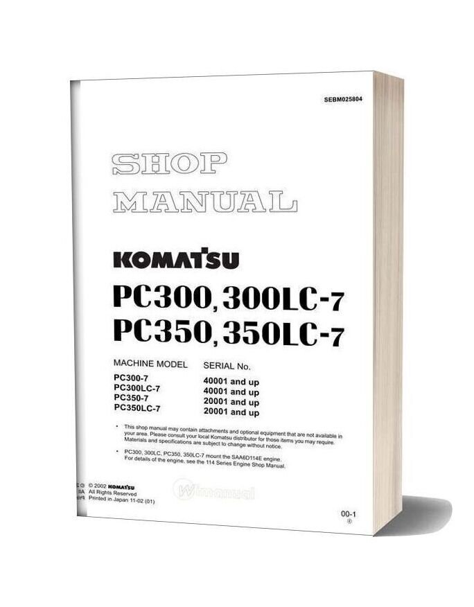 Komatsu Excavator Pc300 7 Pc300lc 7 Pc350 7 Pc350lc 7 Shop Manual
