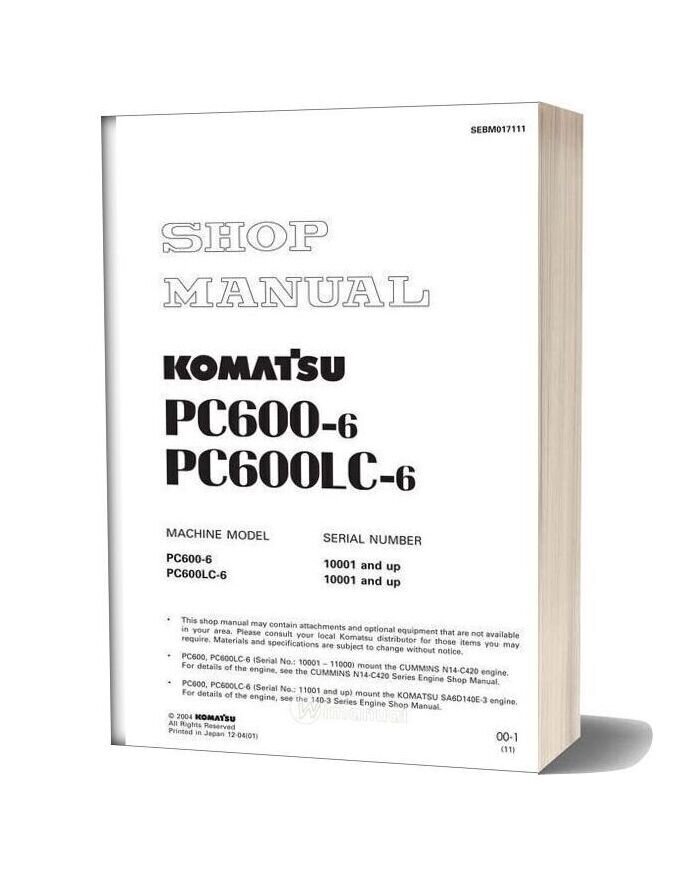 Komatsu Hydraulic Excavator Pc600 6 Shop Manual
