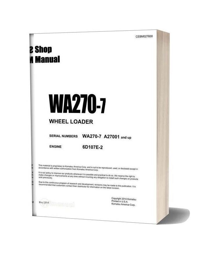 Komatsu Wheel Loader Wa270 7 Usa Shop Manual