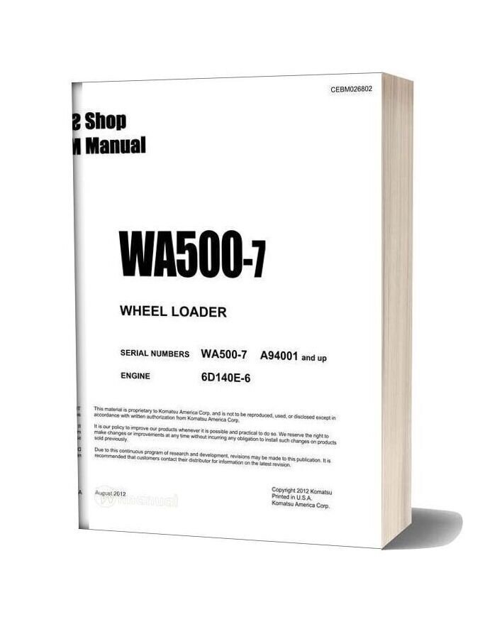 Komatsu Wheel Loader Wa500 7 Usa Shop Manual