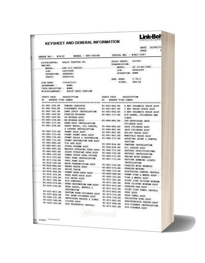 Linkbelt N3k2 2587 Parts Manual
