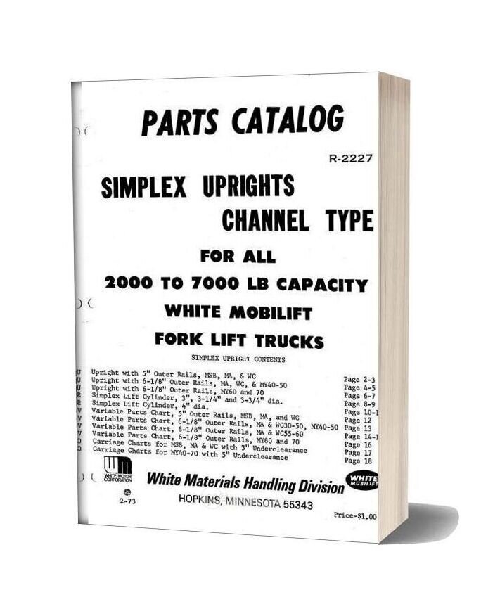 White Fork Lift Simplex Uprights Channel Type Parts Catalog